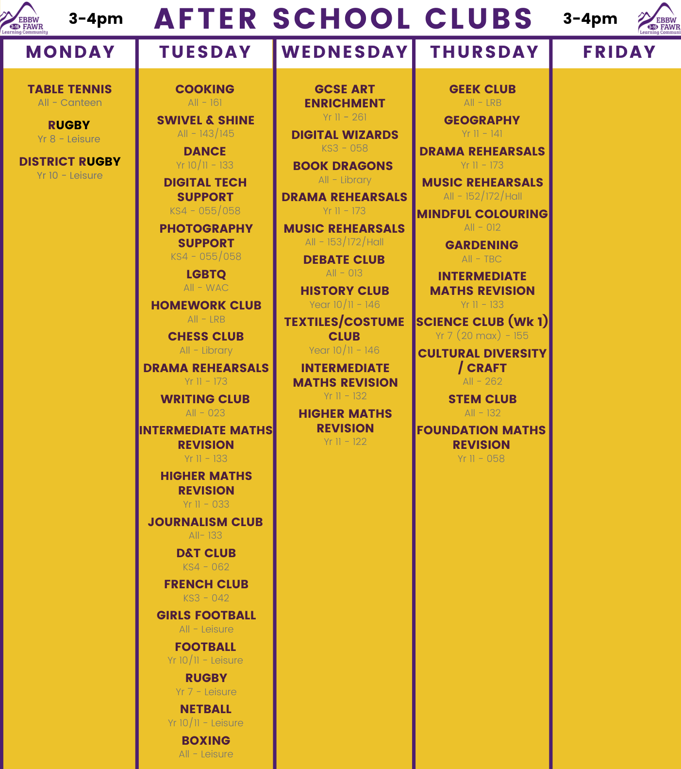 After School Clubs Available Ebbw Fawr Learning Community